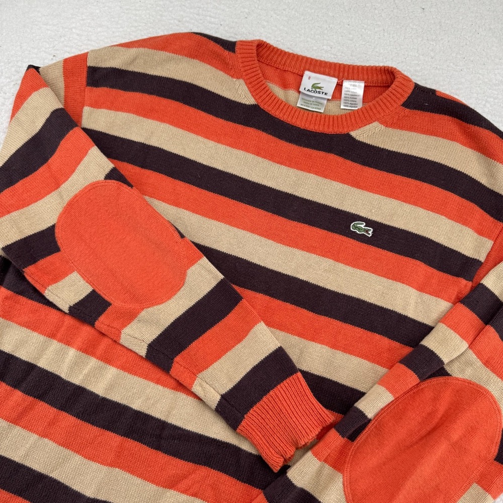 Vintage Lacoste Sweater Mens 8 Colorful Striped Pullover Elbow Patch Fall Autumn